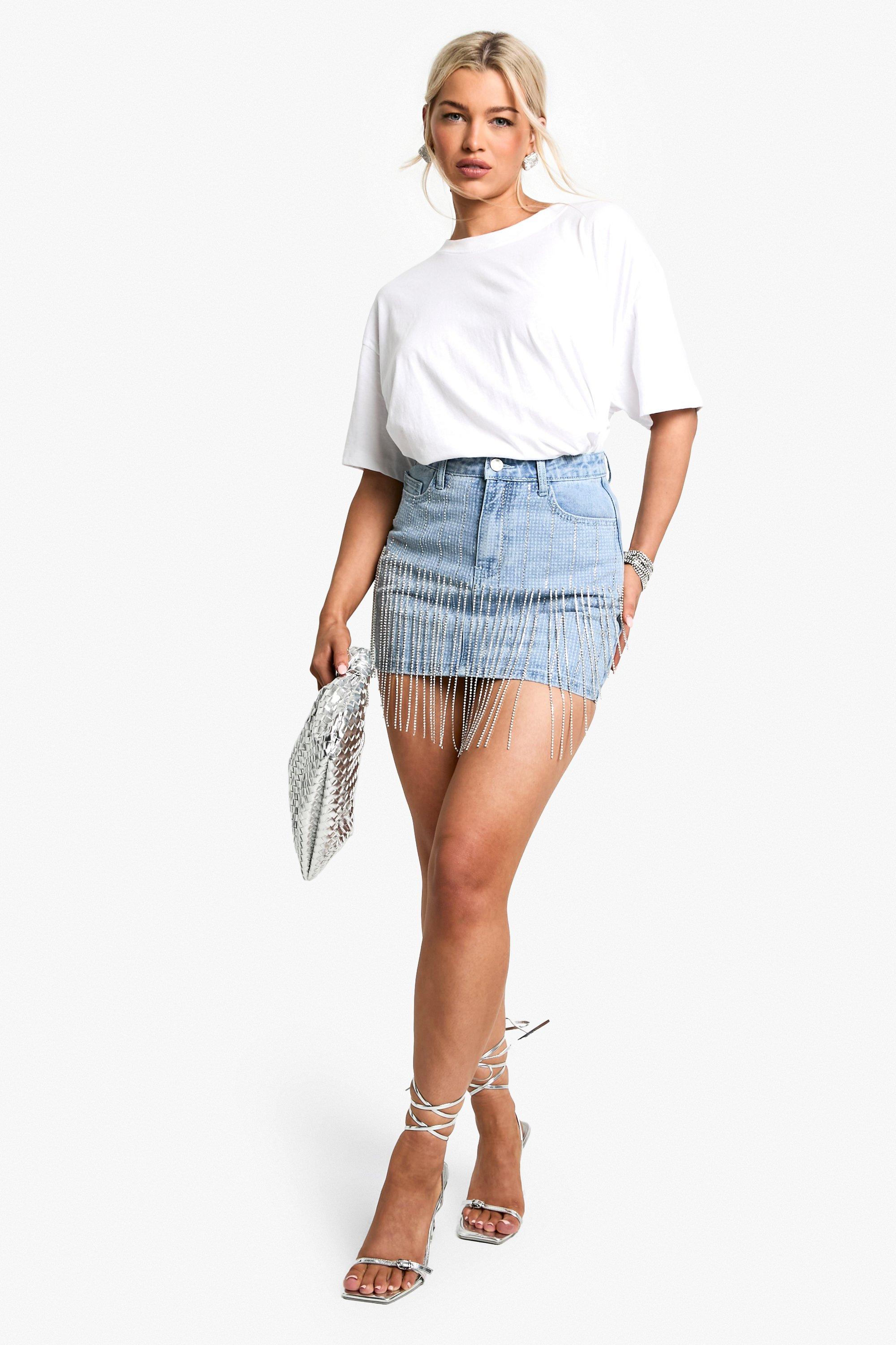 Rhinestone Fringed Denim Skirt | boohoo USA Rhinestone Fringed Denim Skirt | boohoo USA
